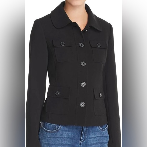 Karl Lagerfeld Paris Women's Four Pocket Peter Pan Collared Jacket, Black - Picture 3 of 10